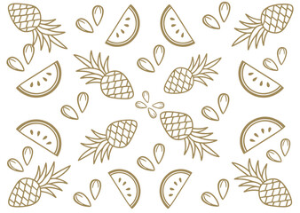 Pineapple and Watermelon Line Art Seamless Pattern on White Background