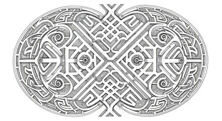 Complex Mandala Artwork Resembling a Maze Featuring Winding Paths Spiral Motifs and Nested Squares Clear Outlines