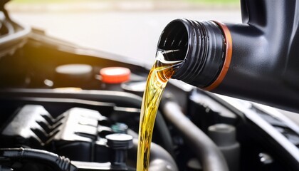 pouring oil motor car lubricant from black bottle on engine background service oil change auto repair shop concept of petrochemical cleaning technology