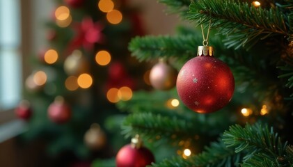 Decorated Christmas tree with ornaments and a hanging ball at the top , holly berries, christmas decorations