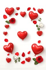 Red heart balloons, roses, petals frame.