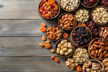 Obraz premium An overhead shot of various dried fruits and nuts in wooden bowls on a rustic wooden surface top view