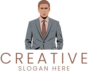 Stylish Businessman Professional Portrait Gray Suit tie work flat icon logo male wear     