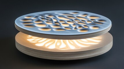 Two circular wooden plates with illuminated patterned surfaces