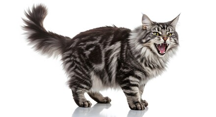 AI image captures a side profile of an angry grey tabby cat hissing aggressively, isolated on a reflective white background.