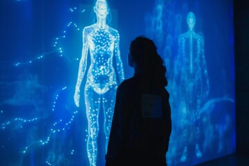 silhouette of a person in a blue background looking at a blue light hologram of a body in a display