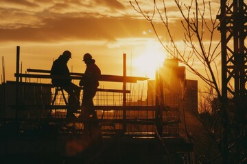 Silhouetted Construction Workers at Sundown