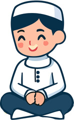 A cheerful cartoon boy in traditional muslim attire.
