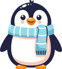 A cute cartoon penguin wearing a blue striped scarf.