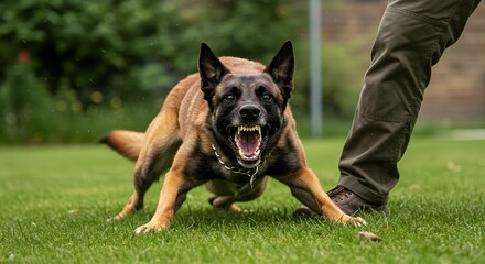 AI image Aggressive Belgian Malinois dog attacking, snarling at a person's leg during protection training exercise on green grass outdoors.