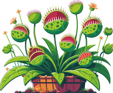 A vibrant illustration of carnivorous Venus flytrap plants in a terracotta pot.