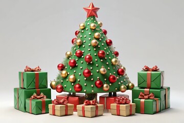 A festive Christmas tree adorned with red and gold ornaments surrounded by neatly wrapped presents, creating a warm and joyful holiday scene against a minimalist background.