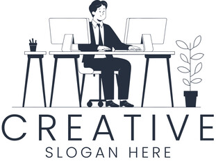 Professional Businessman Working Creative Office Desk job flat icon logo neat style clean 