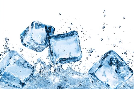 Close up shot of four ice cubes with water splashing around them on a clean white background