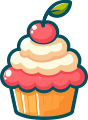 A sweet and colorful cartoon cupcake with a cherry on top.