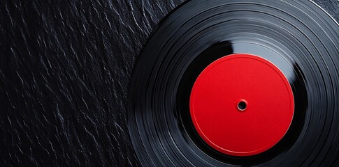 A close-up view of a vintage vinyl record with a red label, showcasing its grooves against a dark background.