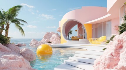 Obraz premium Pink oceanfront villa, pool, steps, palm trees, relaxation