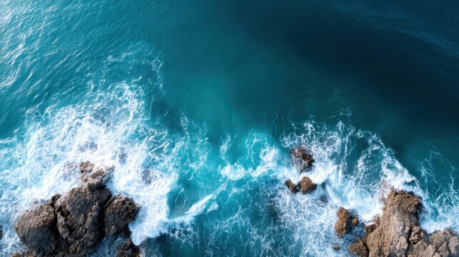 Aerial view of vibrant blue ocean waves crashing against rugged rocks creating a stunning natural seascape scene