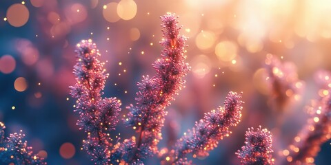 Delicate purple flowers glisten under soft sunlight in a tranquil garden at dusk