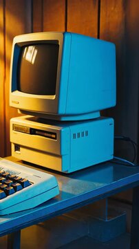Vintage computer system with monitor, keyboard, and floppy disk drive in nostalgic setting, evocative of early personal computing era
