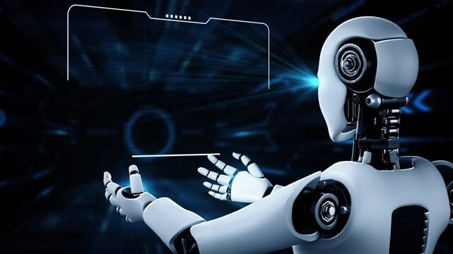 AI hominoid robot holding virtual hologram screen showing concept of AI brain and artificial intelligence thinking by machine learning process. 3D rendering.