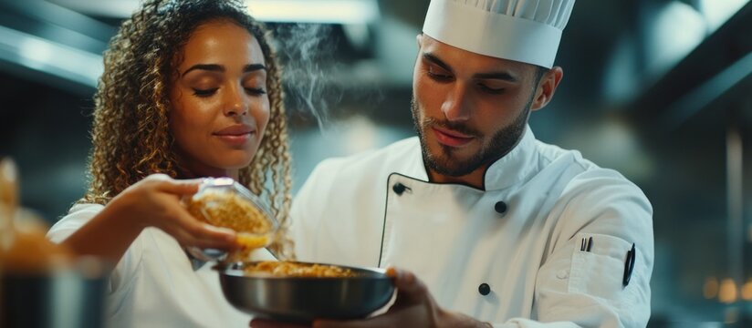Two chefs are carefully preparing food together in the kitchen