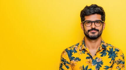 Fototapeta premium Serene Spectacle in yellow: A smartly dressed man wearing eyeglasses and a beard poses against a vivid yellow backdrop, offering a captivating blend of style and intellect.