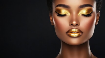 Golden Gaze: A close-up portrait of a woman with shimmering gold eyeshadow and lipstick, with eyes gracefully closed, exudes an air of luxury and elegance against a dark background.