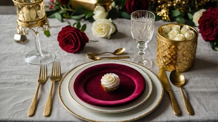 Elegant dinner table setting with roses and dessert in a luxurious arrangement