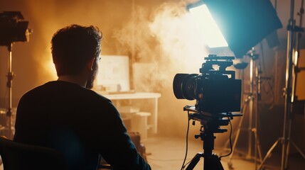 Fototapeta premium In a vibrant studio, a dedicated film producer uses innovative equipment and dynamic lighting to capture creative moments while collaborating with talented artists and industry professionals