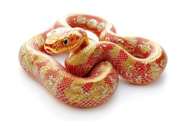 Obraz premium Coiled corn snake with red and golden scales on a white background in a studio shot close up view