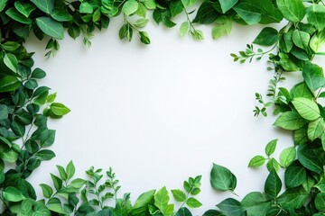 Fototapeta premium Lush green foliage frame on white background creating a natural and vibrant border for design space