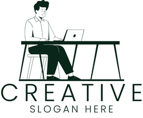 Creative Professional Working on Laptop Design Minimalist Illustration man art desk line  