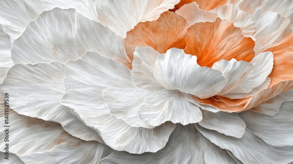 Poster close up of a flower with white and orange petals. the flower is very detailed and has a lot of text