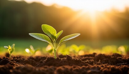 young green seedling growing in fertile soil in sunlit field