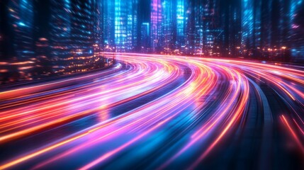 Light trails painting a curved highway in a futuristic city at night