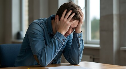 Stressed Young Man Sitting at Desk with Papers, Natural Lighting, Showing Despair and Anxiety