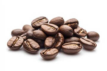 Fototapeta premium A close up shot shows a pile of roasted coffee beans on a white background with some shadows visible