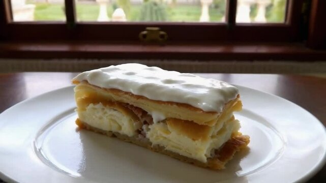 A slice of cake with a white frosting on a white plate. The cake is cut in half and placed on a table