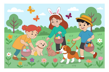 Happy Kids on Easter Egg Hunt in Garden Spring Holiday Activity Illustration. Children Searching for Easter Eggs Outdoors Fun Spring Activity Vector. Easter Egg Hunt with Kids in Blooming Garden.