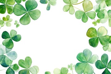 Fototapeta premium Watercolor shamrocks frame with green leaves and white background for st patrick's day celebration