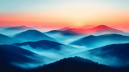 Obraz premium Blue and Red Mountain Range at Sunrise with Fog