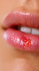 Extreme Close-up of Cold Sore on Female Lip - Herpes Simplex Virus Infection