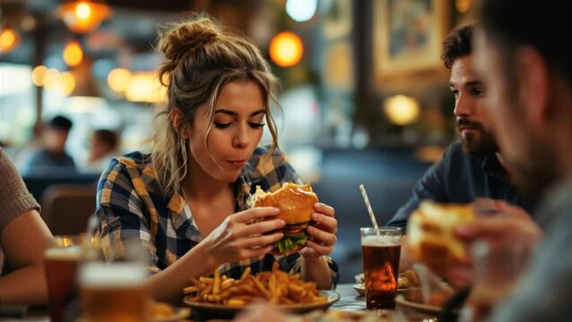 Burger Bliss: A woman savors a delicious burger, french fries and cold drinks with friends in a cozy setting. A moment of pure indulgence.