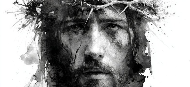 jesus wearing a crown of thorns - black ink drawing on white background