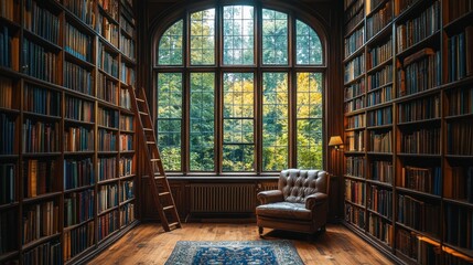 Fototapeta premium Serene Library with Large Window and Bookshelves