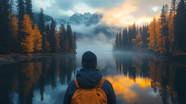 Solitude by the Serene Lake: A lone traveler stands before a picturesque lake, surrounded by towering trees and mountains. The scene evokes a sense of tranquility and introspection.