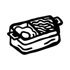 Vector black and white illustration of lunchbox with food, on white isolated background