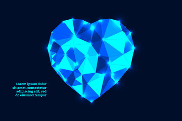 Bright polygonal neon heart glowing in the dark, vector illustration