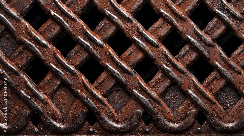 Poster close up of a rusty metal grate with a black background. the metal grate is covered in rust and has 